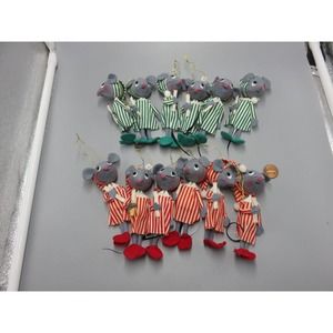 12‎ Vintage Felt Mouse Green Red Striped Pajamas Candle Christmas Ornament JAPAN